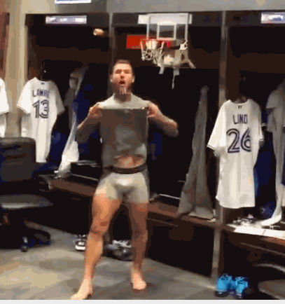 hairyathletes: notdbd:  Brett Lawrie in the clubhouse, slam dunking and dancing with