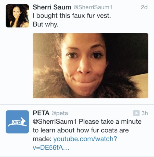 peachmilky:  sniffling:officialjanetweiss:  Sherri Saum tellin’ Peta what’s up 🙌  they were too busy killing all the animals in their care to actually read the tweet   ^