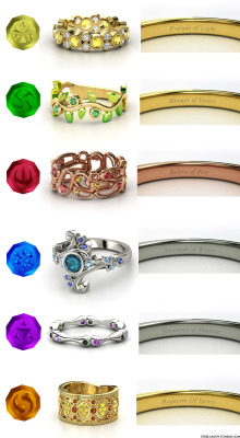 steelcandy:  Zelda ‘Ocarina of Time’ Sage engagement rings! RauruSariaDaruniaPrincess RutoImpaNabooru (made on gemvara.com by steel candy) 