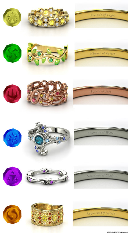 steelcandy: Zelda ‘Ocarina of Time’ Sage engagement rings! RauruSariaDaruniaPrincess RutoImpaNaboor