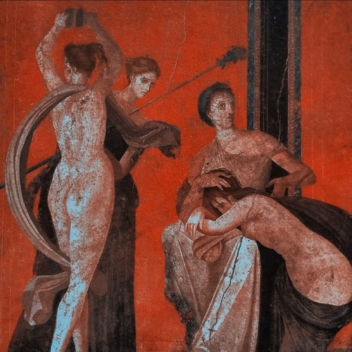  Scene from a long frieze painted on the walls of the Villa of the Mysteries at Pompeii. 