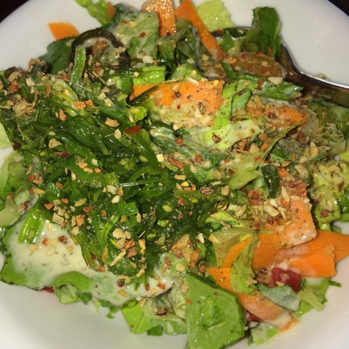 Seaweed salad (from Costco) I ate over greens and carrot ribbons with tofu ranch dressing from potat