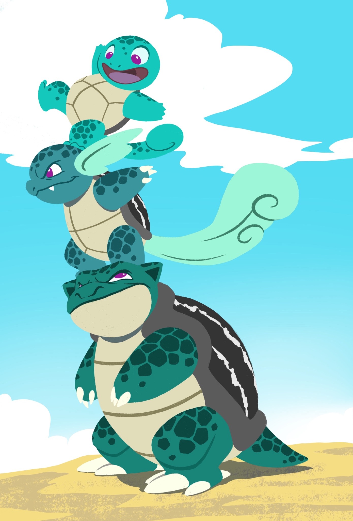 moth-eatn:My take on an Alolan Squirtle line with some scale patterns from green sea turtles and the shells of leatherback turtles! 