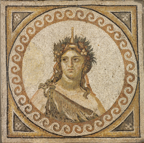 Mosaico con el busto de Baco, obra romana, 325-330 d.C.