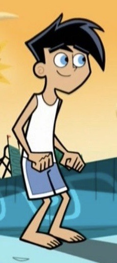 Danny Fenton from Danny Phantom wearing a white tank top and blue swim trunks.