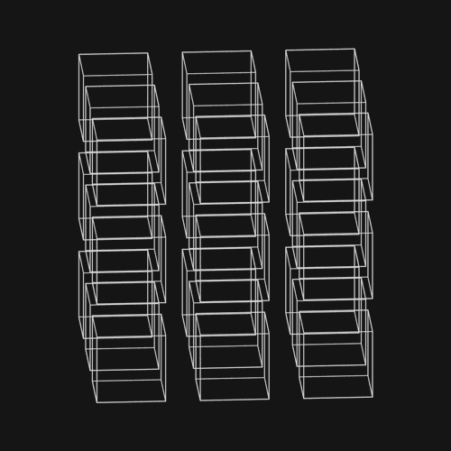 Rotation of an array of CUBES around a median point. (wire-frame, orthographic projection, full-res)