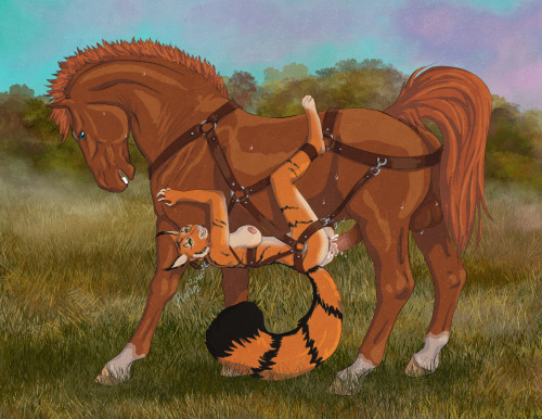 “Evening Fieldsâ€ by Rufciu. A sweaty stallion has a squiger harnessed to his underside for a nice long session of bellyriding and breeding.