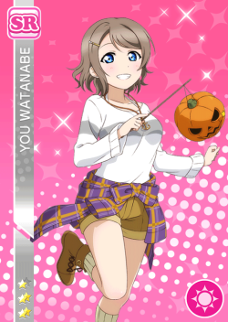 loveliive:  New “Halloween” themed cards added to JP Aqours Honor Student scouting Watanabe You Smile SR “二人の全速前進” Kunikida Hanamaru Pure SR “おばけのお祭り” Takami Chika Cool SSR “本物来ちゃった！？” Kurosawa