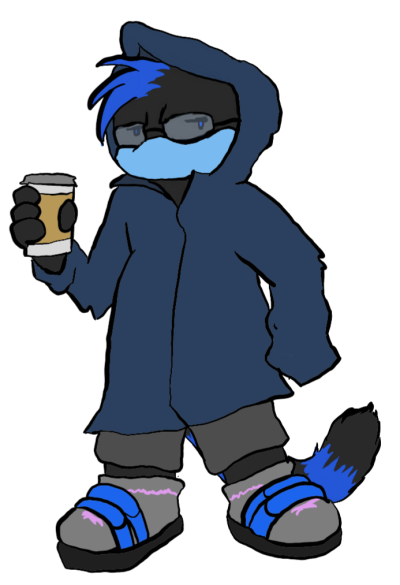 artemispanthar:Self portrait doodle based on what I was wearing today: basketball shorts, raincoat with way-too-long sleeves, socks with sandals, perpetually-fogged glasses Incidentally I actually do have Artie-colored (black with blue stripes/accents)