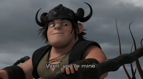 a screencap of Snotlout on the back of Hookfang, saying "well you're mine" about his and Hiccup's supposed rivalry.