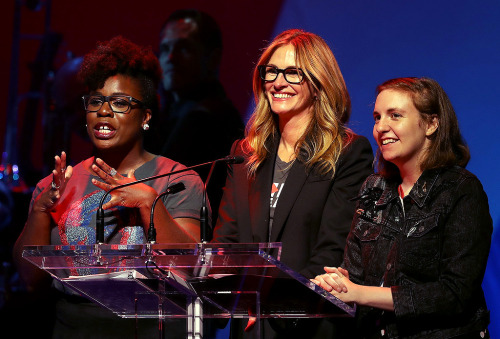 Uzo Aduba, Julia Roberts and Lena Dunham appear on stage during the Hillary Victory Fund - Stronger 