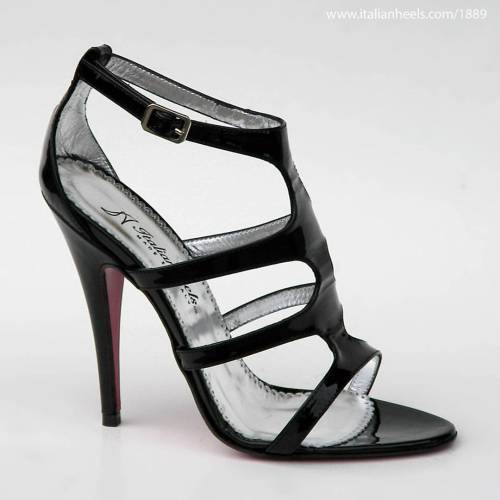 Black patent leather high heels 5inch ankle strap opentoe sandals. 100% made in Italy. Upper+lining+