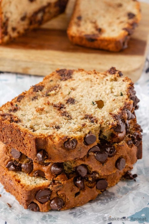 This chocolate chip zucchini bread is moist and flavourful, and filled with chocolate chips.  E
