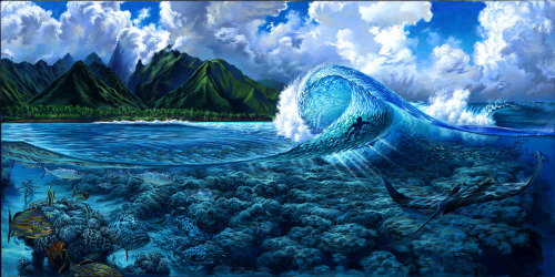 beckersurf:  The wave in the back though.  Teahupoo, Tahiti, Indonesia.  Artist Phil Roberts.