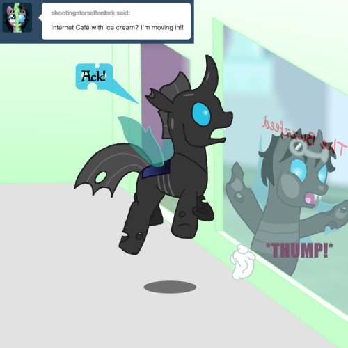 adurot:  ask-four-inept-guardponies:  Icecream! Now!  Eeeeeeeeewwwww, bug on the windshield. Those are a pain to clean off.  XD Oh Puffay~