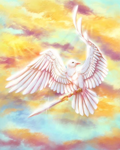 There hovered an enormous white bird holding a gleaming sword. Swordbird!(Ko-fi / Redbubble / Societ