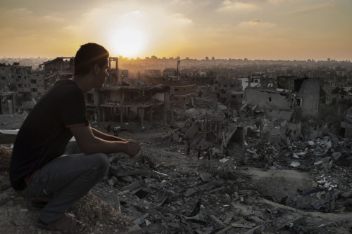 A Palestinian looks at the heavy destruction in Al Shaaf neighbourhood in Gaza City on Aug. 11,