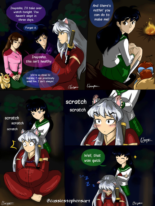 I have a headcanon that if Kagome scratches Inuyasha’s ears, he gets really relaxed; to the po