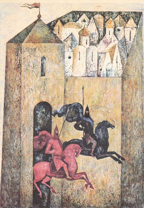 russian-style:  Nikolay Vorobiev - Illustrations to Russian folclore (“Byliny”), 1970th They are drawn in style of Medieval Russian miniatures.