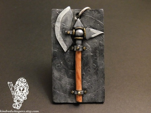 kindredwhispers: Halberd pendant! Forged from polymer clay, mica powders, and acrylic paint.