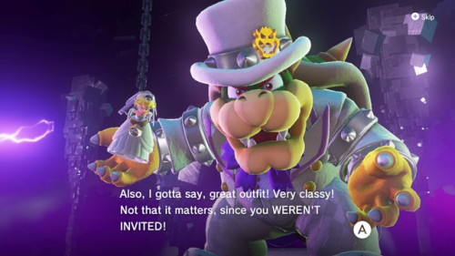 superretroshark:Bowser’s reactions to various outfits in Super Mario Odyssey.