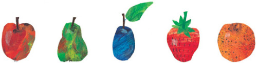 [ID: Row of five fruit illustrations from “The Very Hungry Caterpillar” by Eric Carle. T