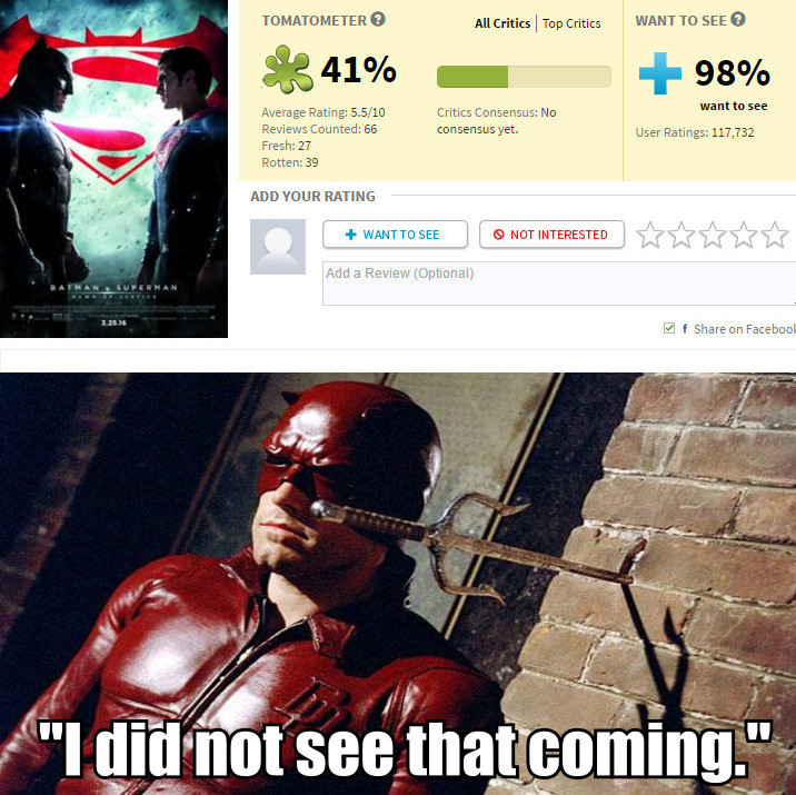 It’s funny because Ben Affleck is Batman in BvS and he once played Daredevil in
