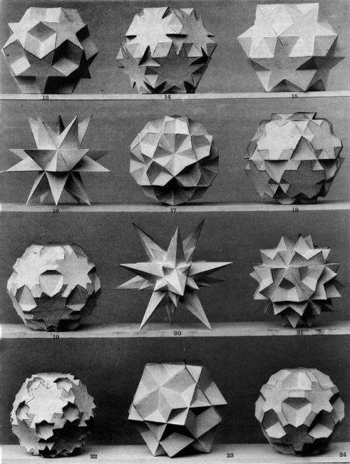 homo-online:  Max Brückner, from his book Vielecke und Vielfläche, 1900. Leipzig, Germany. Via Bulatov. Brückner extended the stellation theory beyond regular forms, and identified ten stellations of the icosahedron, including the complete stellation.