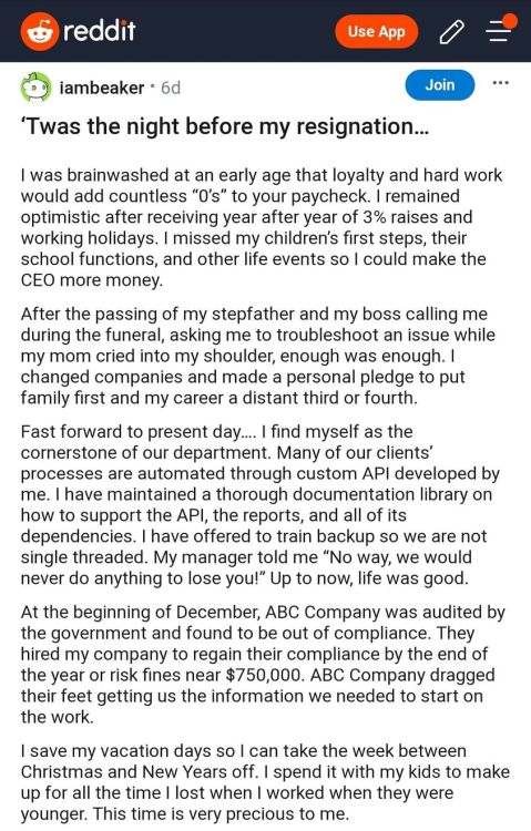 mikesmoustache:biglawbear:dispatchesfromtheclasswar:     Good for this person. This is exactly what you do. Screw the job. I had a job that made me work an all nighter, 30 hours straight, over Thanksgiving. I resigned that Monday and it was one of the