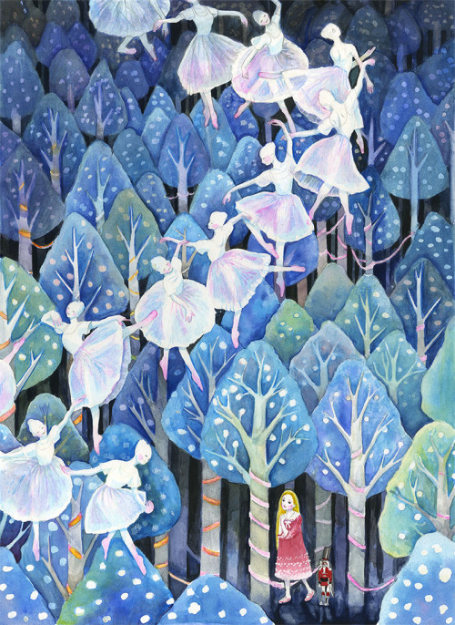 lucykoo:Christmas Forest Illustration for The Nutcracker and the Mouse King,Watercolor and gouache o