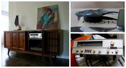 Mid century audio cabinet in walnut. Component friendly cabinet featuring a vintage Fisher 440 receiver, slide out Garrard turntable, and massive open storage for vinyl or other components. Also included is a hotspot to stream music from ipad/pod/droid