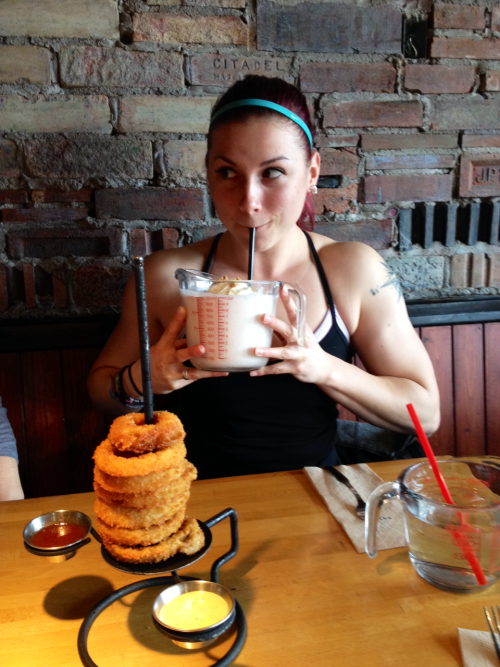 the-last-rep-counts:  My love for strawberry cheesecake milkshakes knows no bounds to the point where I will drink a 4cup pitcher of it and a burger (I didn’t finish the burger) gen-ixx snapping some pics at the post photoshoot cheat meal with her client