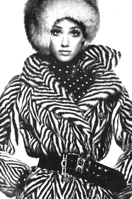 Marisa Berenson wearing a herringbone patterned mink coat, Vogue (UK), 1968