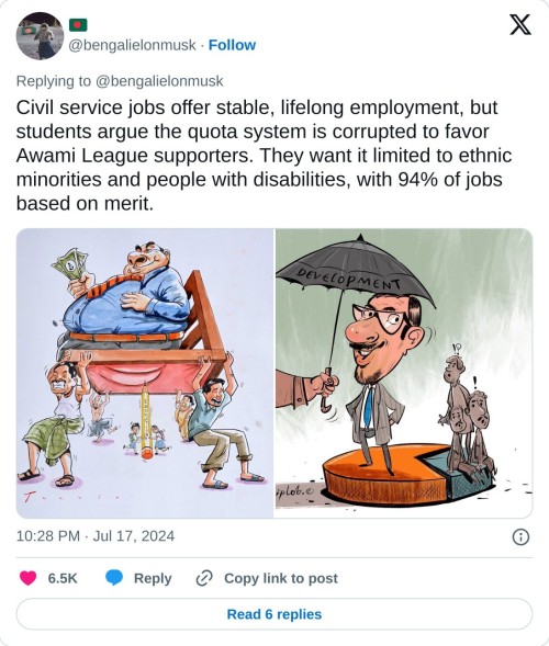 Civil service jobs offer stable, lifelong employment, but students argue the quota system is corrupted to favor Awami League supporters. They want it limited to ethnic minorities and people with disabilities, with 94% of jobs based on merit. pic.twitter.com/QzoqzSAOEA
β π§π© (@bengalielonmusk) July 17, 2024