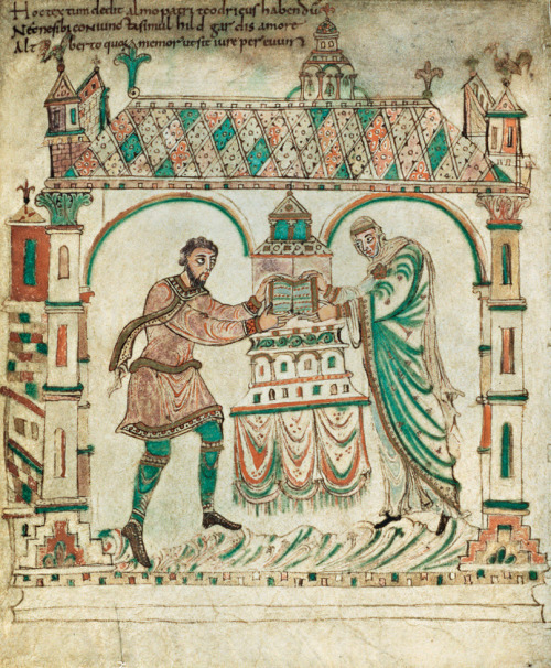 Miniature with Count Thierry II of Flanders and his wife Hildegard of Flanders presenting the codex 