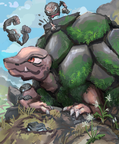 Pokemon 559: #076 Golem, with her grandchildren. “When Golem grow old, they stop shedding their shel