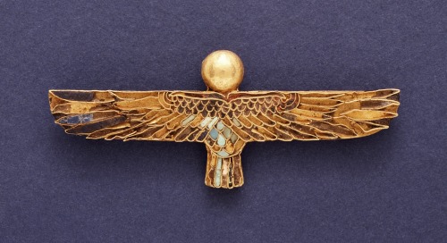 Ancient Egyptian amulet (gold with lapis lazuli, turquoise, and steatite inlays) depicting the ba (o