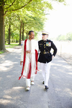 thedaymarecollection: 2015: (Same-sex) marriage between military veteran Justin and British-Indian Simon at the DC War Memorial - Justin in marine blue and Simon in traditional red and white Sherwani.Photographed by    Marisa Guzman-Aloia.