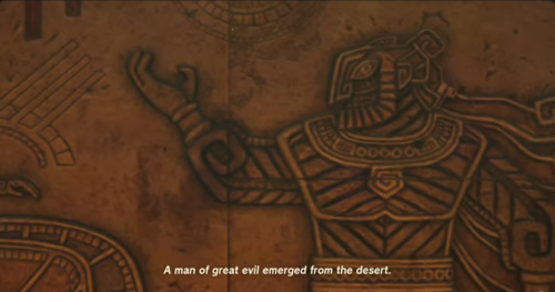 Screenshot from "Legend of Zelda: Tears of the Kingdom" of a tablet depicting Ganondorf with a hand held up. The text reads "A man of great evil emerged from the desert."