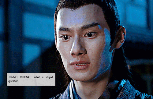 Gif of Jiang Cheng looking at an offscreen Wei Wuxian. Text reads: What a stupid question. 