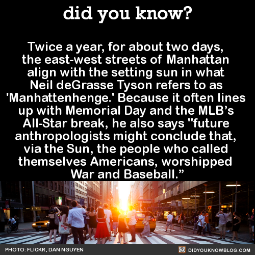 did-you-kno:Twice a year, for about two days, the east-west streets of Manhattan align with the sett