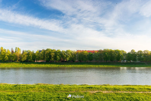 embankment of the river uzh in morning light. grassy shore and linden alley in spring season. travel ukraine concept. blue sky with clouds - embankment of the river uzh in morning light. grassy shore and linden alley in spring season. travel ukraine concept. blue sky with clouds #river#city#background#landscape#urban#view#town#building#cityscape#sky#blue#architecture