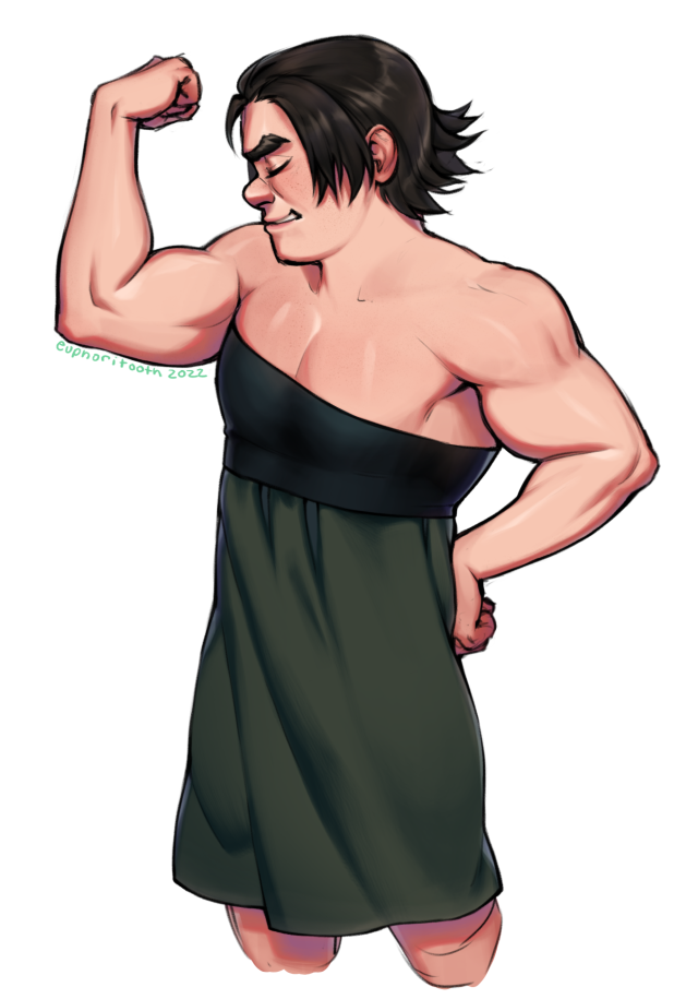 A digital drawing of Snotlout Jorgenson from the How to Train Your Dragon franchise. He is wearing an above-knee dress that has an asymmetrical black bodice and a flowy sage green skirt. He stands proudly with his right bicep flexed beside him and his other arm placed against his hip. His eyes are closed and he has a grin across his lips.