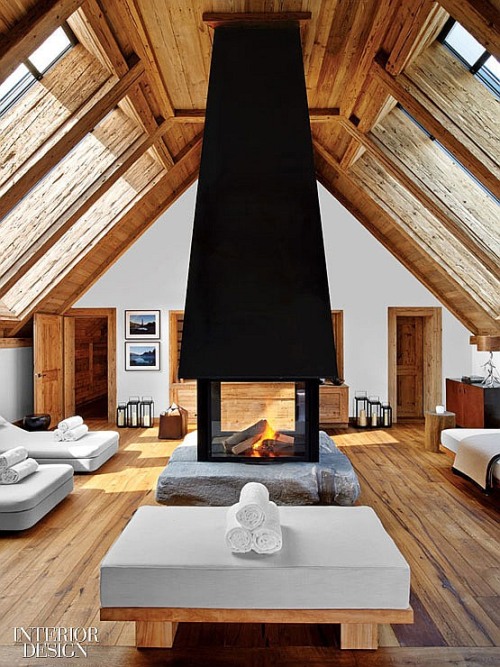 interiordesignmagazine: Weathered timber—largely reclaimed from barns—sheathes walls and ceilings in
