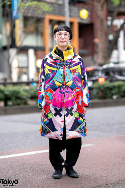 tokyo-fashion:  Japanese artist Hiroyuki-Mitsume Takahashi on the street in Harajuku wearing a long coat by Thai brand Mugen featuring his own vivid art, sarueru pants, and canvas sneakers. Full Look