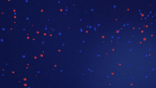 In front of a dark blue background, hundreds of small red and blue spheres float around, at varying distances from the viewer. In the middle of the screen, two large red and blue spheres collide in the foreground. As they collide, a white flash of light radiates outward. As it fades, the two spheres become visible again, now stuck together. After the first collision, several similar collisions and white flashes are visible in the background. In the top left corner, a clump with one blue sphere and one red sphere races towards another clump with two red spheres and one blue sphere. They collide and there is a flash of white light. As the light clears, a clump with two red spheres and two blue spheres is visible in its place, and a single red sphere floats away toward the center of the screen. Credit: NASA’s Goddard Space Flight Center