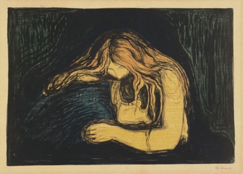 artist-munch:  Vampire II (Vampyr II), Edvard Munch, 1895–1902, MoMA: Drawings and PrintsThe William B. Jaffe and Evelyn A.J. Hall CollectionSize: composition: 15 1/8 x 21 ¾&quot; (38.4 x 55.3 cm); sheet (irreg.): 22 3/8 x 27 5/8&quot; (56.9 x 70.1