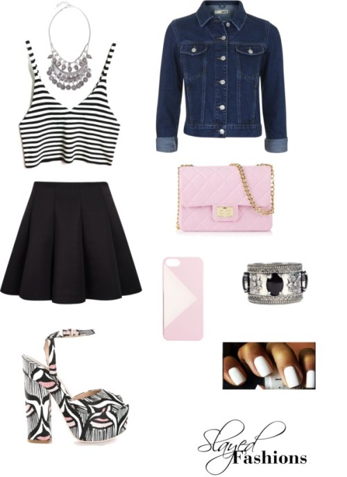 WinSLAY by slayedfashions featuring high waisted skirtsWhite and black striped top / Topshop jean ja