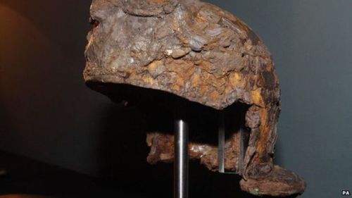 Roman helmet dating from the Roman invasion of Britain, 43 CE. The hemet was found at the burial sit