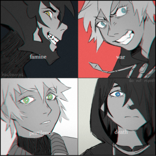 hawberries:  four horsemen.[img: a grid of 4 squares, each containing a greyscale portrait with coloured eyes. 1: vanitas, smirking against a black background. 2: roxas snarling against a red background. 3: ventus, looking shellshocked, against a white